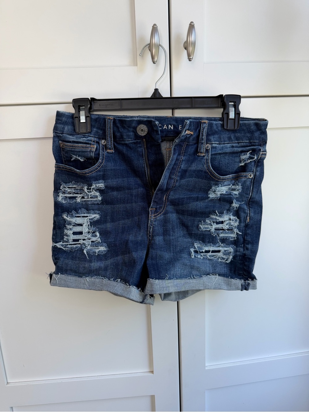 American Eagle Outfitters Dark Blue Distressed Denim Jean Shorts